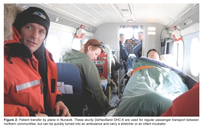 Figure 2: Patient transfer by plane in Nunavik. These sturdy DeHavilland DHC-6 are used for regular passenger transport between northern communities, but can be quickly turned into an ambulance and carry a stretcher or an infant incubator.